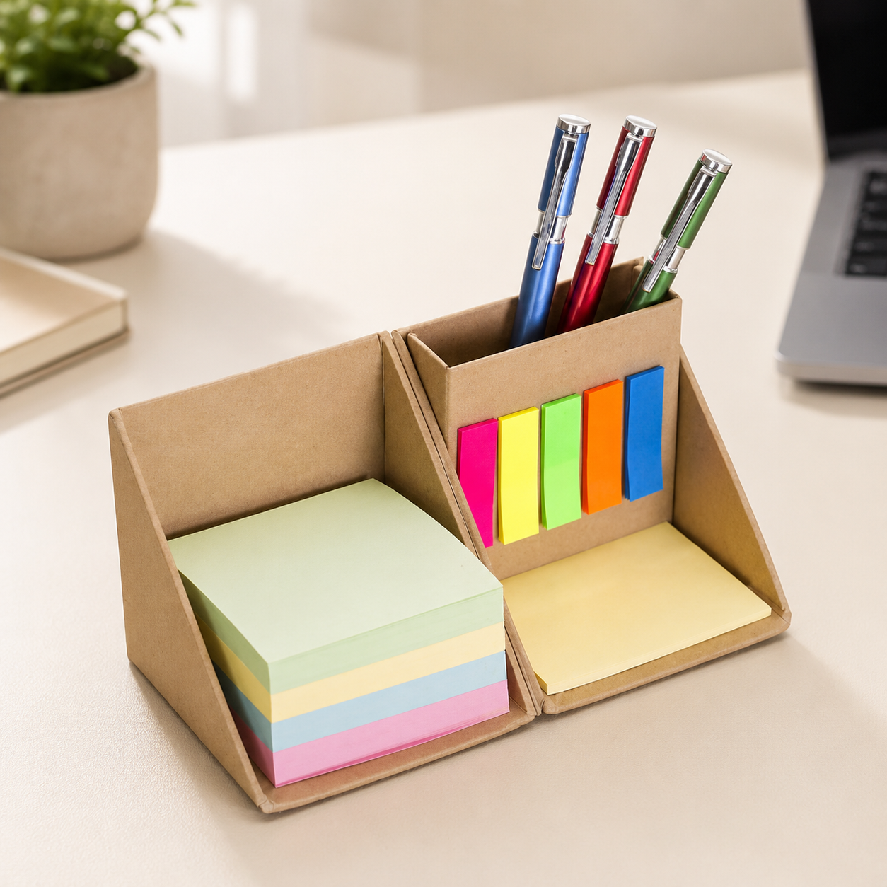 Bloco de anotações cubo com papéis adesivos coloridos e porta-canetas