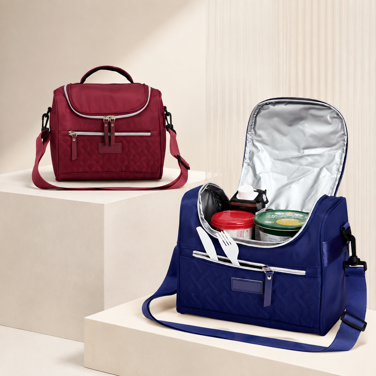 Bolsas térmicas de 8 litros nas cores vinho e azul