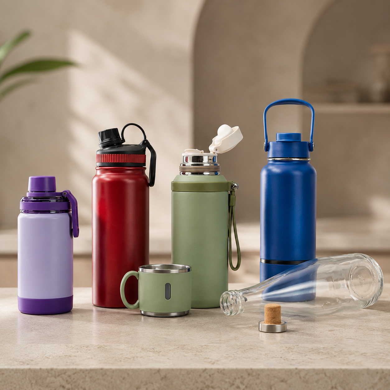 Seleção de garrafas, squeezes e caneca térmica