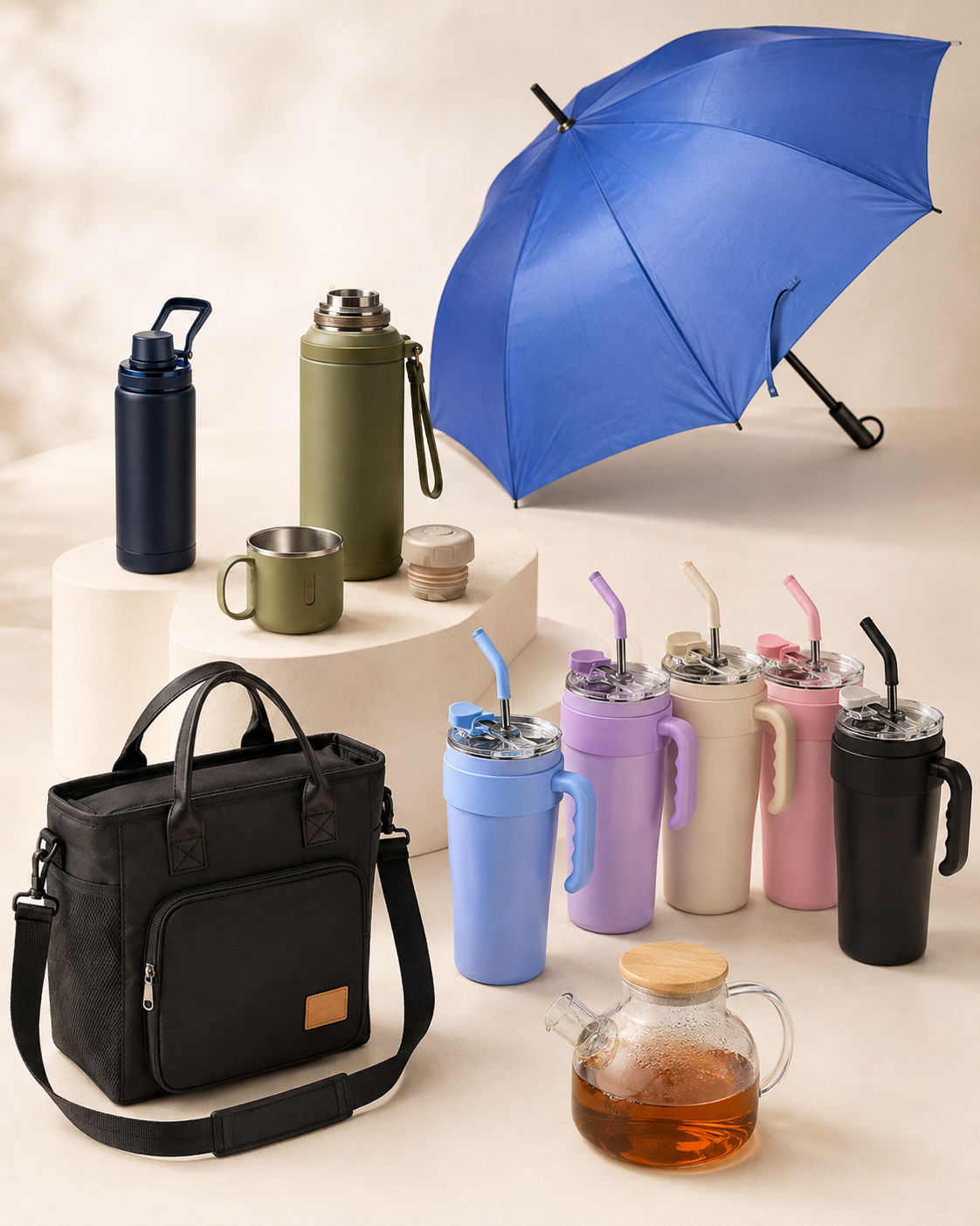 Seleção de garrafas, copos, bolsa térmica, guarda-chuva e chaleira