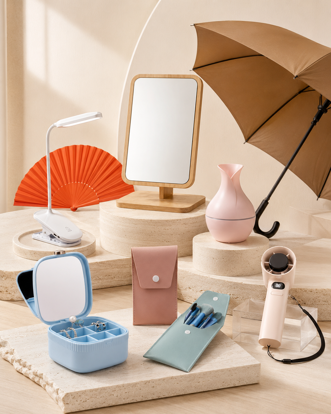Seleção de brindes personalizados, incluindo guarda-chuva, luminária, espelhos e acessórios